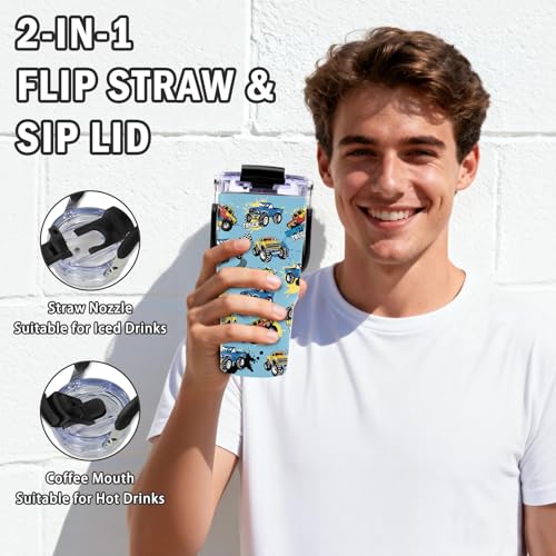 Monster Truck Tumbler with Top Handle and Flip Straw Lid 20oz Stainless Steel Insulated Travel Cups for Boys - Christmas Birthday Ideas for Monster Truck Kids Coffee Mugs - color: Truck01
