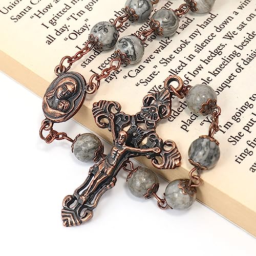 Nazareth Store Natural Stone Beads 8mm Rosary Necklace Antique Copper Design Holy Soil Medal & Cross in Velvet Bag - Catholic Rosaries Terra Santa Jerusalem Collection - color: Map Stone