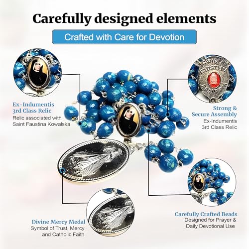 SANCTUM VERITAS Saint Faustina Kowalska True Relic Chaplet Apostle Divine of Mercy Miraculous Medal Jesus I Trust in You Chaplet Three O' Clock Prayer Poland Polish Novena - color: Blue