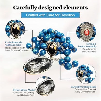 SANCTUM VERITAS Saint Faustina Kowalska True Relic Chaplet Apostle Divine of Mercy Miraculous Medal Jesus I Trust in You Chaplet Three O' Clock Prayer Poland Polish Novena - color: Blue