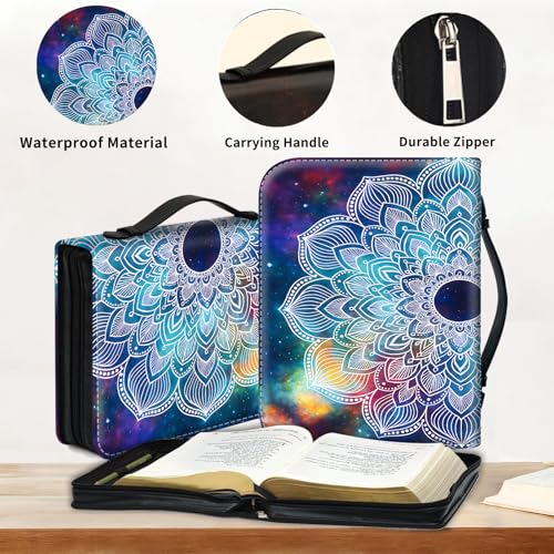 Bible Cover for Women Large PU Leather Zippered Bible Case with Handle and Galaxy Mandala Design, Christian Bible Cover for Girls & Women, Cover Fits Standard 9.5"x7.5"x2.3" Bible - color: Galaxy Mandala