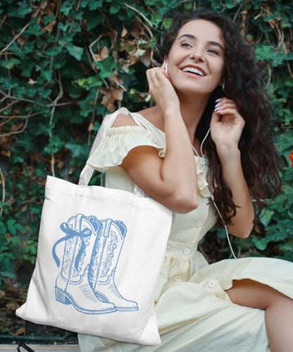 Coquette Bow Bible Canvas Tote Bag for Women Teens Teen Girls, Pink Bow Girls Tote Bag, Coquette Gifts - color: Blue Cowgirl Boots