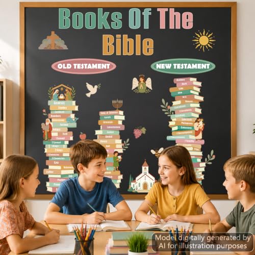 Christian Sunday School Bulletin Board Set Books of The Bible Classroom Decor Religious Bible Learning Chart Old New Testament Books Paper Cutouts for Jesus Church Classroom Chalkboard Wall Supplies