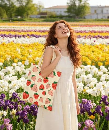 Women's Canvas Tote Bags with Inner Pockets & Metal Snap, Reusable Tote Bag for Girl's Vacation Travel Gym Shopping - color: Pink Strawberry
