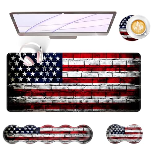 Large Keyboard Mouse Pad Set, Extended Mouse Pad+Keyboard Wrist Rest Support, Memory Foam Ergonomic Easy Typing, 4Pcs (31.5×11.8 in) Desk Pad Set for Office Home,American Flag on Brick Wall - color: American Flag on Brick Wall
