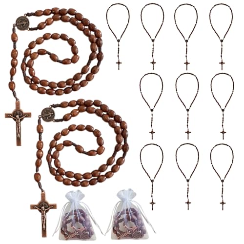 Bovemee Saint Benedict Medal Prayer Pocket Rosary Catholic Brown Wood Beads with Medalla de san benitol and Crucifix, 9 Inch - color: 12PCS Brown Benedict NK