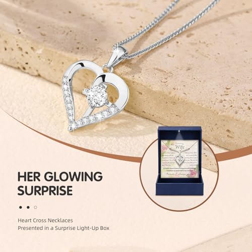 Moissanite Cross Necklace for Women in Light-Up Gift Box Heart Cross Jewelry 1CT Pendant for Women Gift Ideas for Wife Valentines Day Anniversary Birthday (S925 Sterling Silver/18K Real Gold Filled) - style: Silver with Card