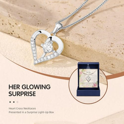 Moissanite Cross Necklace for Women in Light-Up Gift Box Heart Cross Jewelry 1CT Pendant for Women Gift Ideas for Wife Valentines Day Anniversary Birthday (S925 Sterling Silver/18K Real Gold Filled) - style: Silver with Card