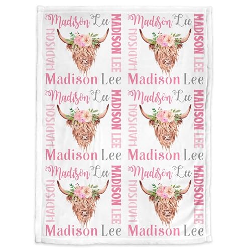 Personalized Baby Blanket, Pink Highland Cow Name Blanket for Girls, Floral Cow Newborn Swaddle, Cute Farm Babys Gift, Baby Blankets with Name, Baptism, Monogram 30"X40", 40"X50" - color: Pink Highland Cow