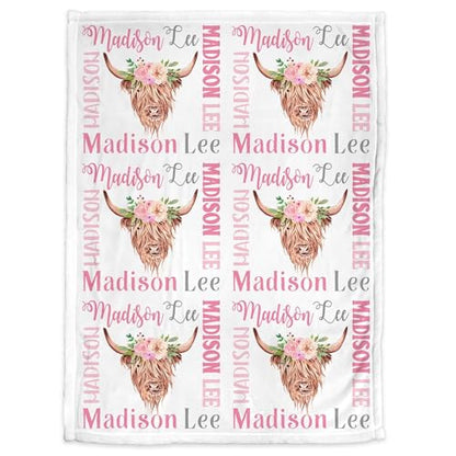 Personalized Baby Blanket, Pink Highland Cow Name Blanket for Girls, Floral Cow Newborn Swaddle, Cute Farm Babys Gift, Baby Blankets with Name, Baptism, Monogram 30"X40", 40"X50" - color: Pink Highland Cow
