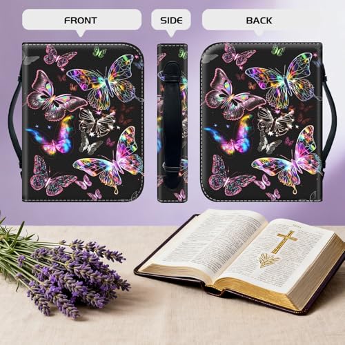 Bible Cover for Women Large PU Leather Zippered Bible Case with Handle and Glowing Purple Butterfly Design, Christian Bible Cover for Girls & Women, Cover Fits Standard 9.5"x7.5"x2.3" Bible - color: Glowing Purple Butterfly