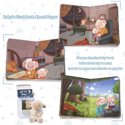 MyMateZoe Baptism Gifts for Boys, Great Christening, Dedication and Baptism Gift Set for Boys and Newborn Baby, Includes 7" Praying Lamb Plush Toy and Let Us Pray Baby Book in Keepsake Gift Box - color: Blue-lamb