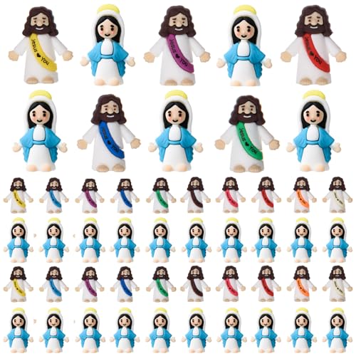 40 Pcs Mini Jesus Loves You Figurines Tiny Virgin Mary Figurines Little Miniature Religious Christ Savior Figures to Hide and Seek for Sunday Easter Egg Stuffers Gift (Multicolor&Blue)