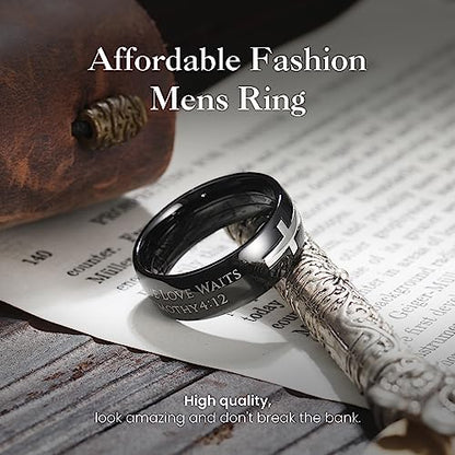 King Will Stainless Steel Men Ring Lord's Prayer Cross Ring Stainless Steel Men Wedding Ring, Wedding Band Bible Engraved Rings High Polished, Comfort Fit - color: Black Silver