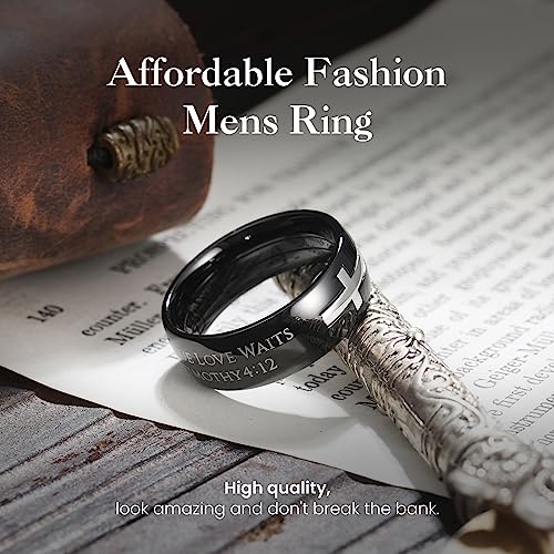King Will Stainless Steel Men Ring Lord's Prayer Cross Ring Stainless Steel Men Wedding Ring, Wedding Band Bible Engraved Rings High Polished, Comfort Fit - color: Black Silver