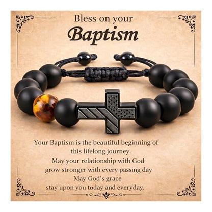 Christian Cross Bracelet Gift for Men Boys Adjustable Beaded Cross Bracelet Religious Jewelry with Message Card for Communion Baptism Confirmation Easter - style: American Flag Baptism