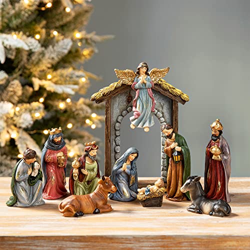 Glitzhome 11Pcs Resin Nativity Figurines Set Christmas Nativity Set Tabletop Scenes Decor, Christian Nativity Scene Indoor Xmas Nativity Collectible Figurines Miniatures Statues Ornaments 8" x 20.75" - size: 20.75 x 8 Inches