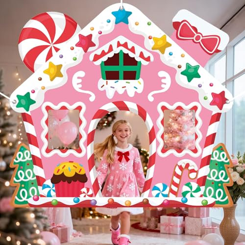 WovWeave Pink Gingerbread House Christmas Decoration 65x71 Photo Backdrop - style: Pink Gingerbread