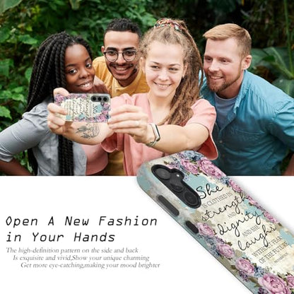 Compatible for Samsung Galaxy S24 Plus 5G Case, 2 Layer Hard Shell Silicone Cover 2 in 1 Shockproof Protective Phone Case,Bible Verse Proverbs 31:25,Purple Flowers - color: Bible Verse Proverbs 31:25,Purple Flowers, size: S24 Plus