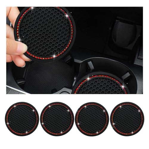 Dickno 4 PCS Bling Car Cup Coaster, 2.75 Inch Crystal Rhinestone Auto Cup Holder Insert Coaster, Anti-Slip Durable Car Drink Cup Mat, Universal Vehicle Interior Decor Accessories (Black & Red) - color: Black+red, size: 4 PCS