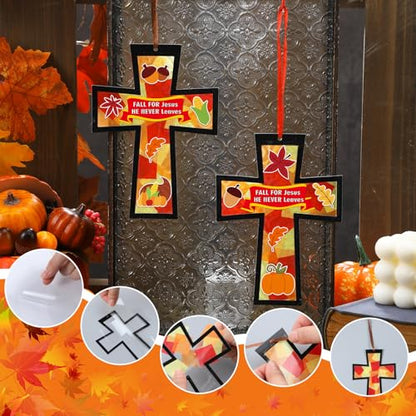 Chiisong 24 Sets Fall He Never Leaves Crafts Kit Fall Christian Cross Kits - style: He Never Leaves