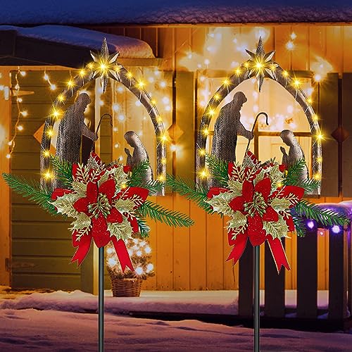 Moukeren 2 Pcs 3.5ft Nativity Scene Outdoor Light up Yard Stakes, Rustic - style: Rustic