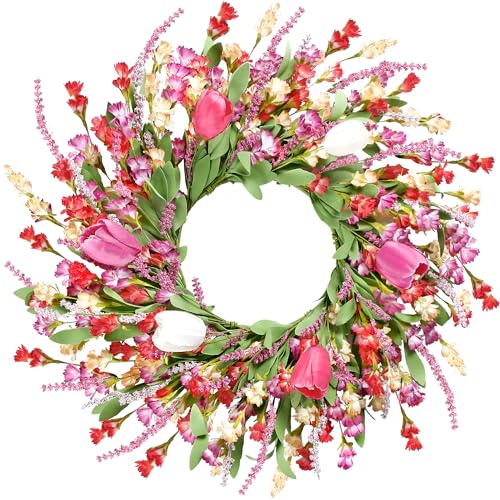 Sggvecsy Spring Summer Wreath for Front Door 22 Inch Artificial Colorful Flower Wreath with Colorful Tulips Greenery Leaves Lavender for All Seasons Home Farmhouse Indoor Outdoor Wall Decor (Mixed) - color: Colorful
