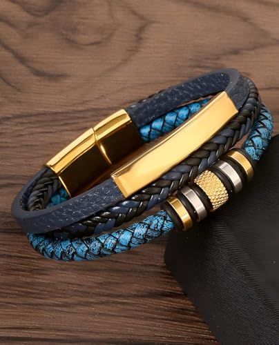 Kim Carrey Italian Handmade Leather Bracelets for Men - color: Braided Gold Blue, size: 8.2"