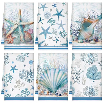 Boyiee 6 Pcs Beach Kitchen Towels Coastal Kitchen Decor - color: Ocean