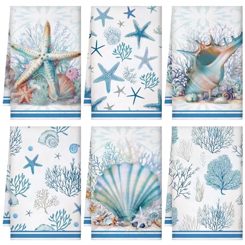 Boyiee 6 Pcs Beach Kitchen Towels Coastal Kitchen Decor - color: Ocean