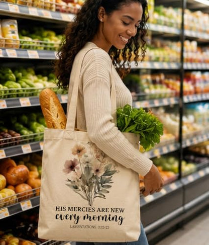 Christian Bible Verse Tote Bag for Women Faith Church - color: Mercies
