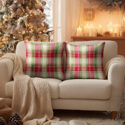 HOMETITUTE Set of 2 Christmas Plaid Throw Pillow Covers 18x18 Inch - color: Christmas Throw Pillow Covers #01