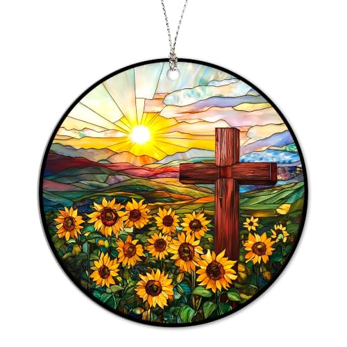 Christian Gifts for Women, Cross Suncatcher Sunflower for Christmas Tree - color: Natural Cross