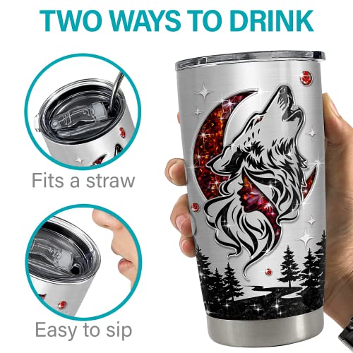 SANDJEST Personalized Wolf Tumbler with Customize Name Jewelry Drawing 20oz 30oz Tumbler with Lid Gift for Woman Man Friend Wolf Lovers - color: Wolf