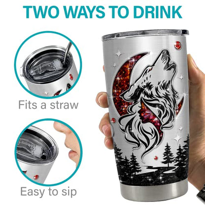 SANDJEST Personalized Wolf Tumbler with Customize Name Jewelry Drawing 20oz 30oz Tumbler with Lid Gift for Woman Man Friend Wolf Lovers - color: Wolf