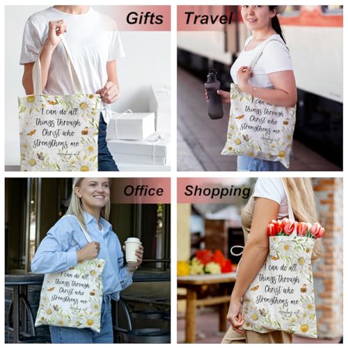 Positive Religious Christian Gifts Canvas Tote Bag for Women Christmas Birthday Cute Beach Reusable Grocery Bags - color: Philippians 4 13 Daisy