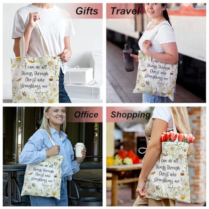 Positive Religious Christian Gifts Canvas Tote Bag for Women Christmas Birthday Cute Beach Reusable Grocery Bags - color: Philippians 4 13 Daisy
