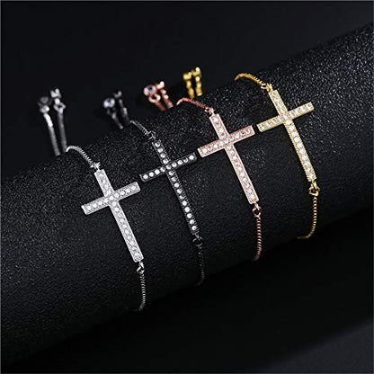 Classic Design AAA+ Cubic Zirconia Cross Charm Bracelets for Women Girl Adjustable Copper Chain Bracelet & Bangle Christian Jewelry Baptism Gift - color: 14K Gold Plated