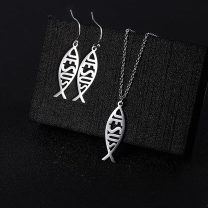 VASSAGO Jesus Fish Ichthys Faith Symbol Hook Necklace Hollow Out Design Stainless Steel Drop Dangle Earrings for Women (Set-Silver)