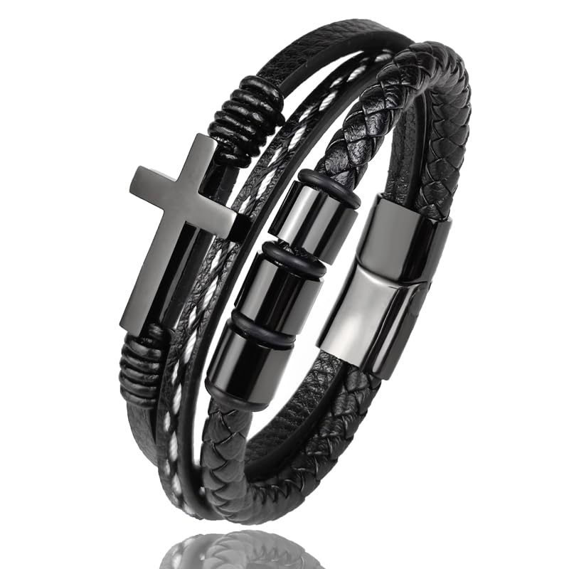 Multi-Layer Braided Leather Bracelets Mens Cross Leather Bracelet Wristband Religious Leather Bracelets Men Customized Gifts - color: black, size: 7.5