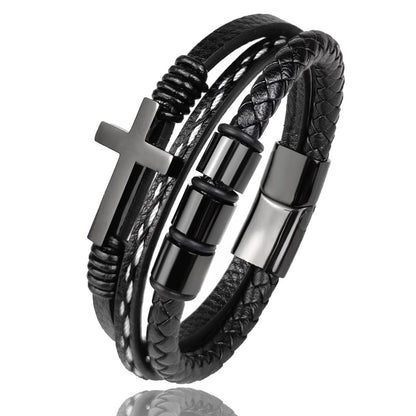 Multi-Layer Braided Leather Bracelets Mens Cross Leather Bracelet Wristband Religious Leather Bracelets Men Customized Gifts - color: black, size: 7.5
