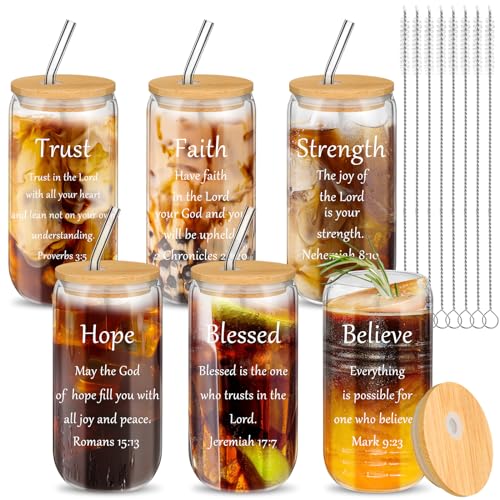 Maxcheck 6 Set 16 oz Christian Glass Cups with Lids and Straws, Gifts - style: Christian