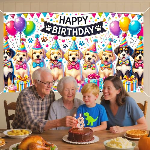 70.8x43.3 Inch Happy Birthday Dog Puppy Party Banner Paw Print Balloon Bow Tie Backdrop Decor Pet Dog Birthday Party Supplies Photo Background Gift - color: Colorfulb233, size: 70.8 x 43.3 Inch