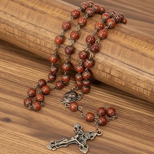 Nazareth Store Natural Stone Beads 8mm Rosary Necklace Antique Copper Design Holy Soil Medal & Cross in Velvet Bag - Catholic Rosaries Terra Santa Jerusalem Collection - color: Red Carnelian