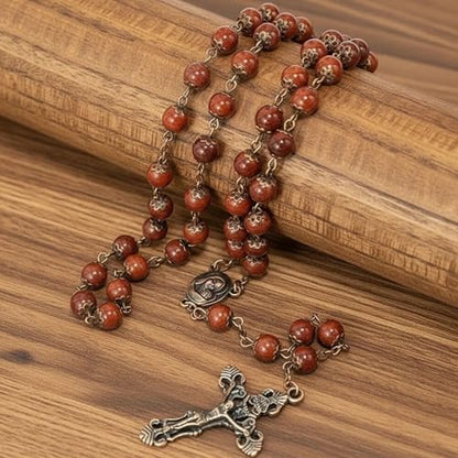Nazareth Store Natural Stone Beads 8mm Rosary Necklace Antique Copper Design Holy Soil Medal & Cross in Velvet Bag - Catholic Rosaries Terra Santa Jerusalem Collection - color: Red Carnelian