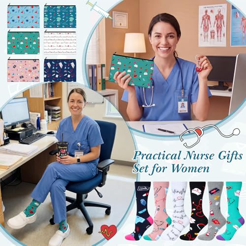 Funnymoom 24 Pcs Back to School Nurse Gifts for Women Bulk 24 oz Nursing Practitioner Plastic Tumbler Cup Nursing Makeup Cosmetic Bag Crew Sock Keychain for School Teacher Student - style: Nurse