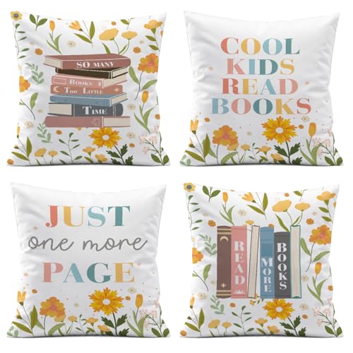 Reading Room Decorative Pillow Covers,Cool Kids Read Book Throw Pillow Covers Decor for Bedroom Living Room Classroom Library,Reading Gifts for Kids Student,18x18 Inch Pillowcase Set of 4 - color: Cool Kids Read Book