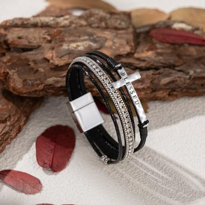 Christian Cross Leather Bracelets Boho Western Blessing Religious Jewelry - color: Black