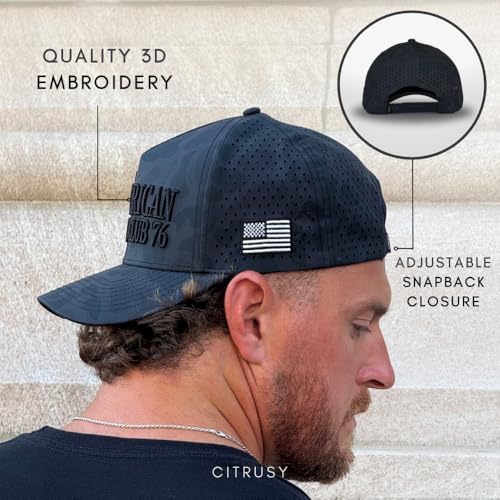 CITRUSY Athletic Trucker Golf Hat | Performance Mens 5 Panel Cap | Cool Breathable Waterproof Workout Running Snapback - color: American Sports Club |Black Camo