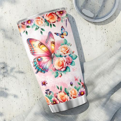 Lady Mom Butterfly, Mothers Funny Coffee Floral Day Flower Handle Tumblers Mama Cups Mother For Women Insulated, Tumbler 20 Oz With Lid And Straw, Mom Gifts - color: Mom